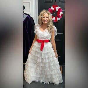 White with Red Stitching on Ruffles Gown